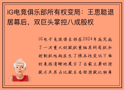 iG电竞俱乐部所有权变局：王思聪退居幕后，双巨头掌控八成股权